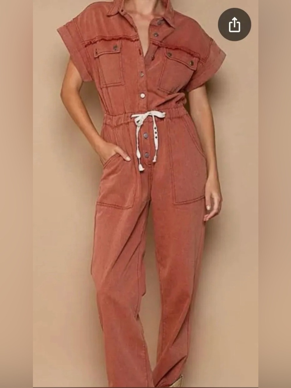 POL Rust Utility Jumpsuit with Drawstring Waist